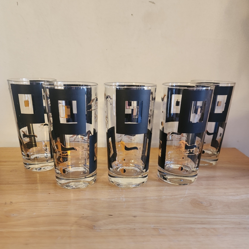 5 VTG Glasses Fred Press Tumblers Barware Horse Gold Signed